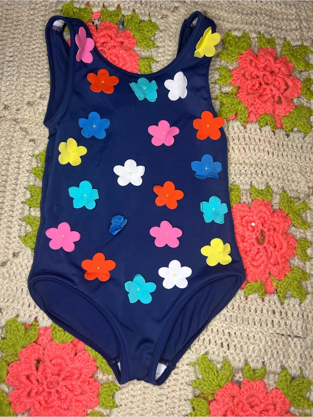 Mini Boden Navy Swimsuit with Colorful Flower Accents